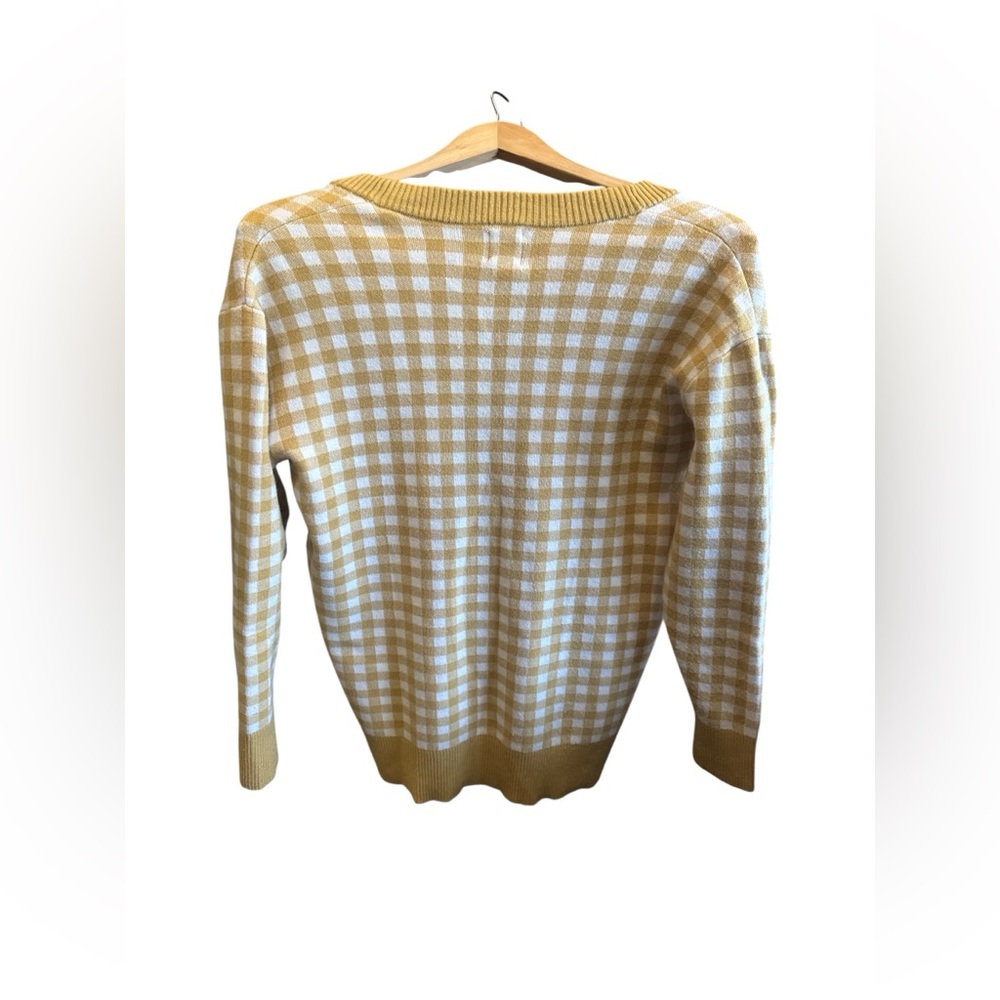 Joie Yellow and Cream Gingham V-Neck Cardigan Gold Lion Button Sweater Womens XS - Picture 3 of 8